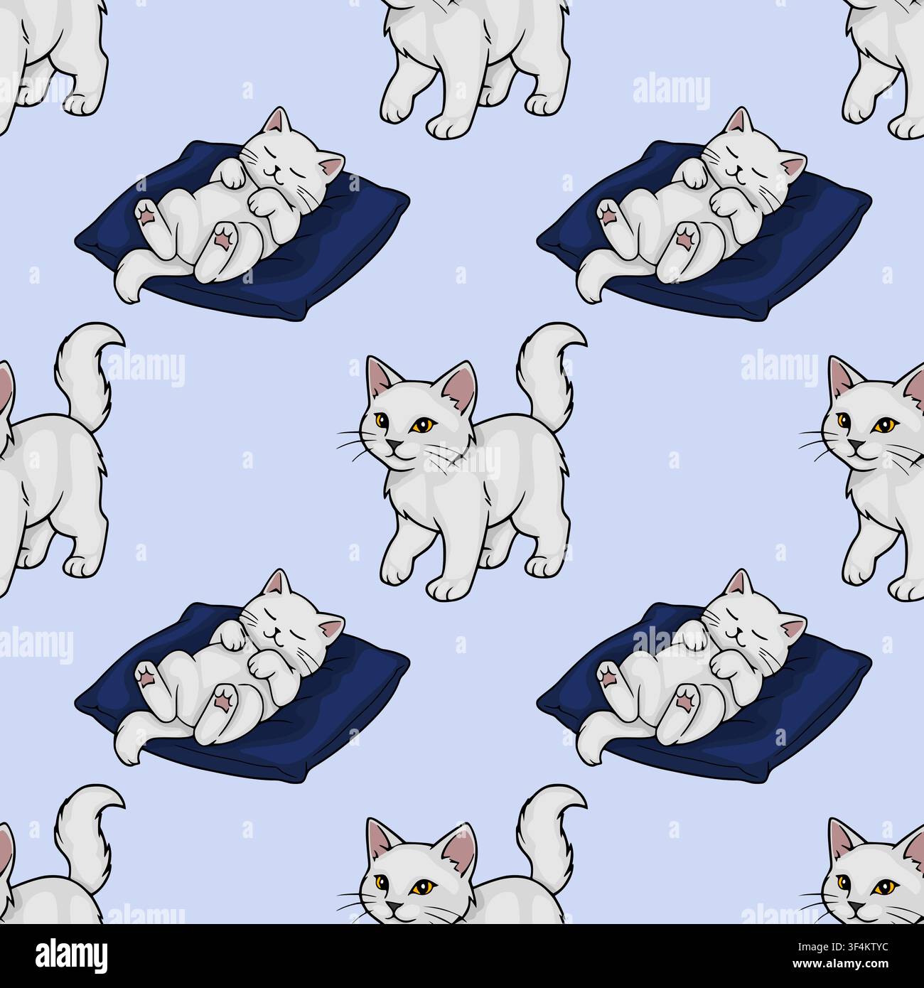 Seamless vector pattern with cute white cats sleeping on pillows and standing kittens Stock Vector