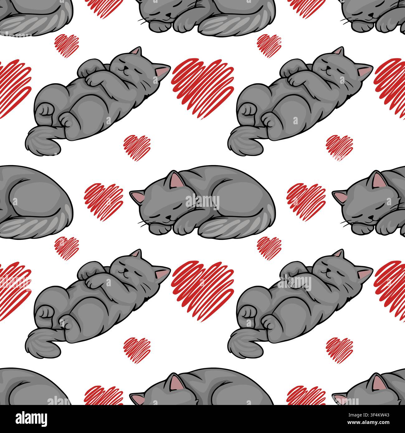 Seamless vector pattern with cute sleeping grey cats and red scribble hearts Stock Vector