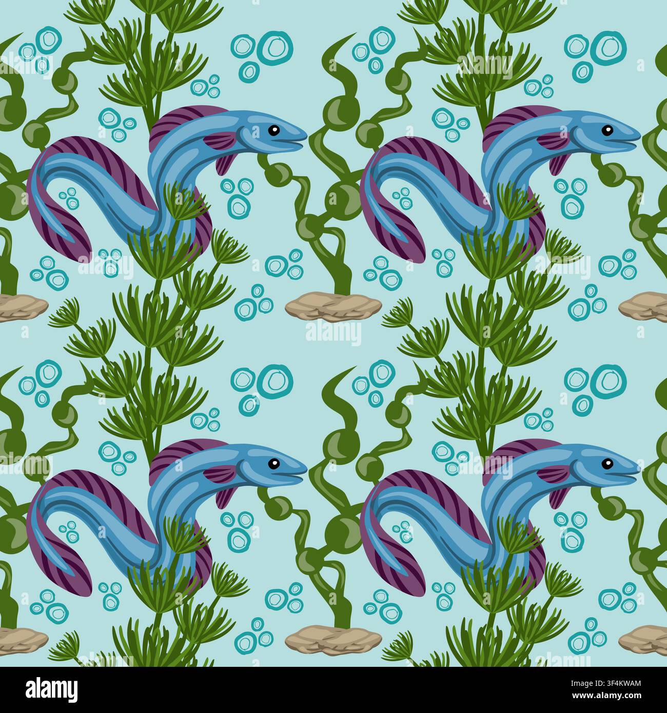 Seamless vector pattern with blue moray eels and green seaweed on a light blue background Stock Vector