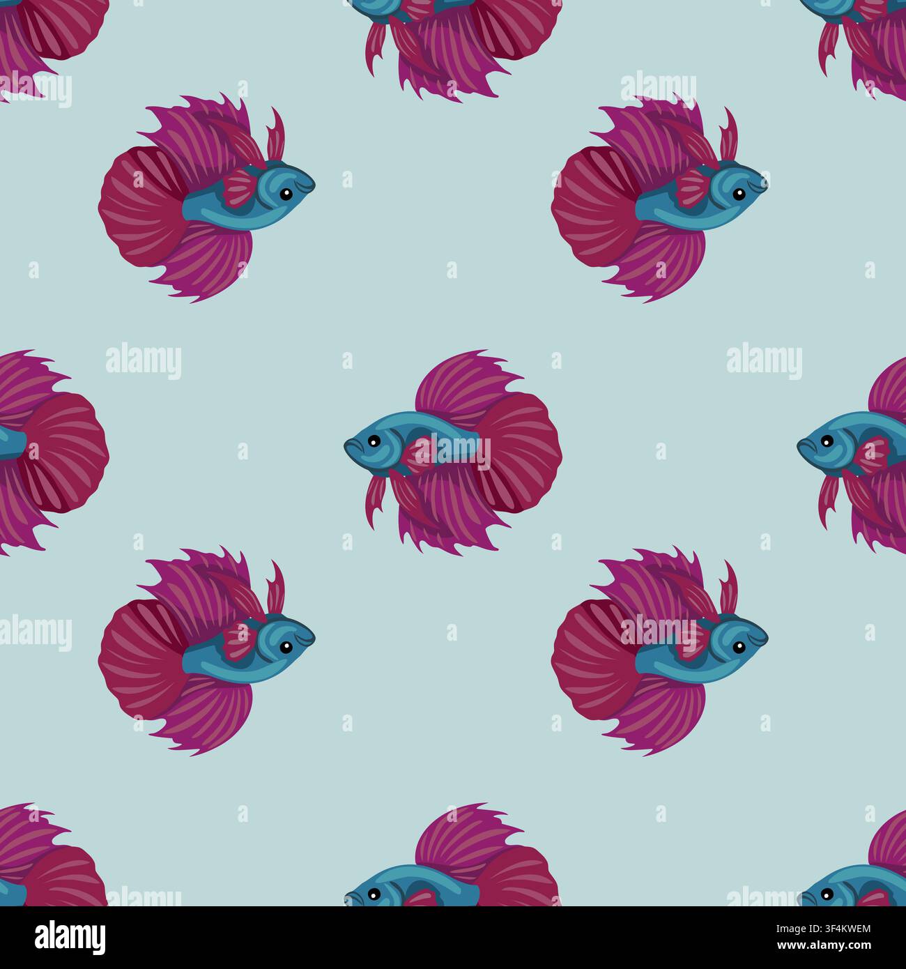 Seamless vector pattern with purple and blue betta fish on a light background Stock Vector