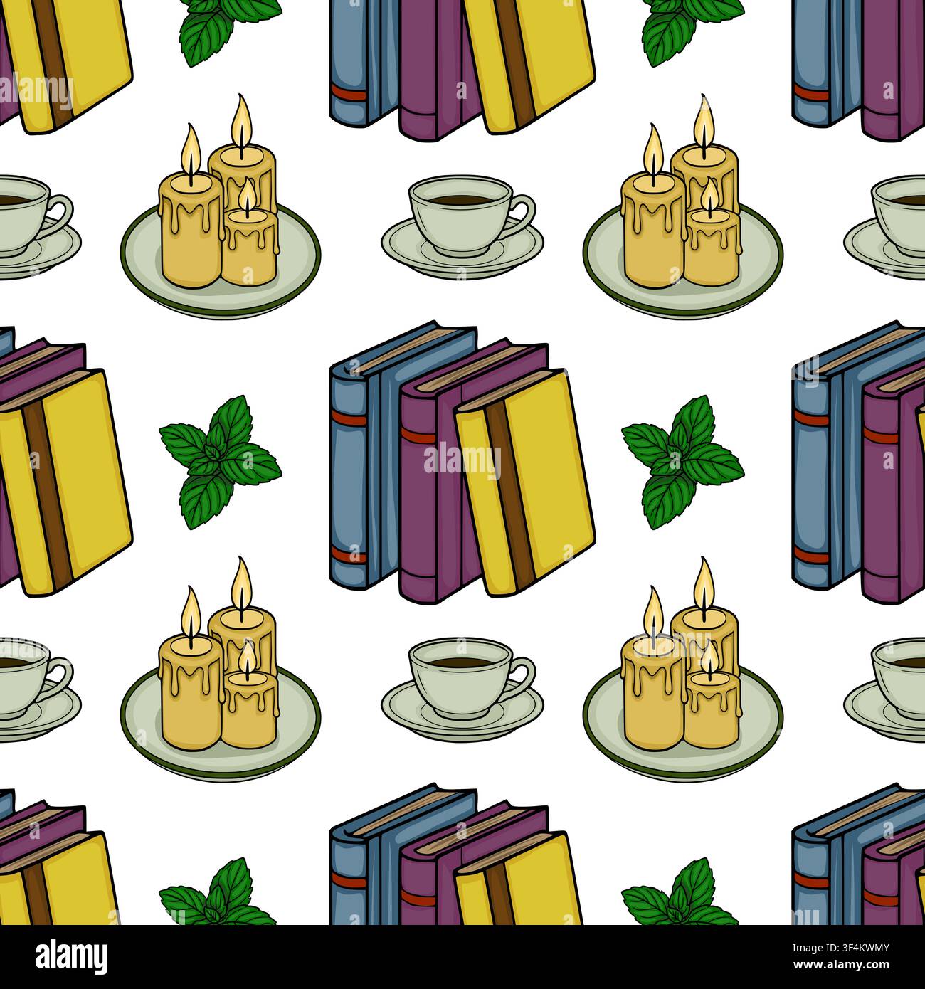 Cozy Reading Seamless Vector Pattern with Books Candles and Tea Stock Vector
