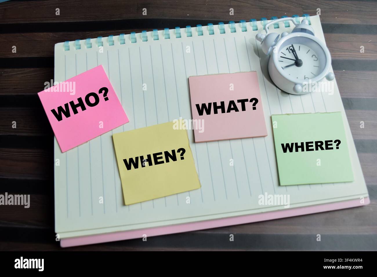 Concept of Who, When, What, Where write on sticky notes isolated on Wooden Table. Stock Photo