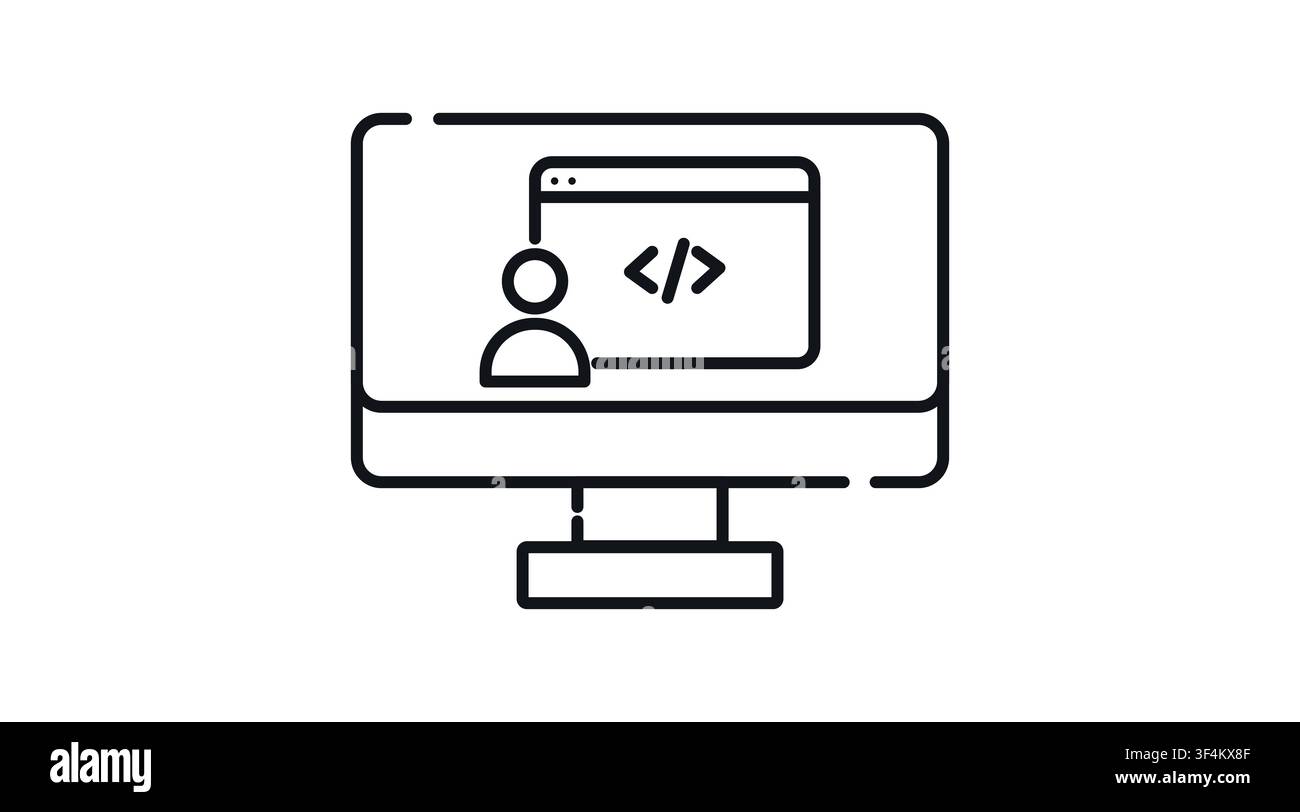 Desktop computer with user profile and web code symbol on screen vector icon. Black line art style on white background. Software development, programm Stock Vector