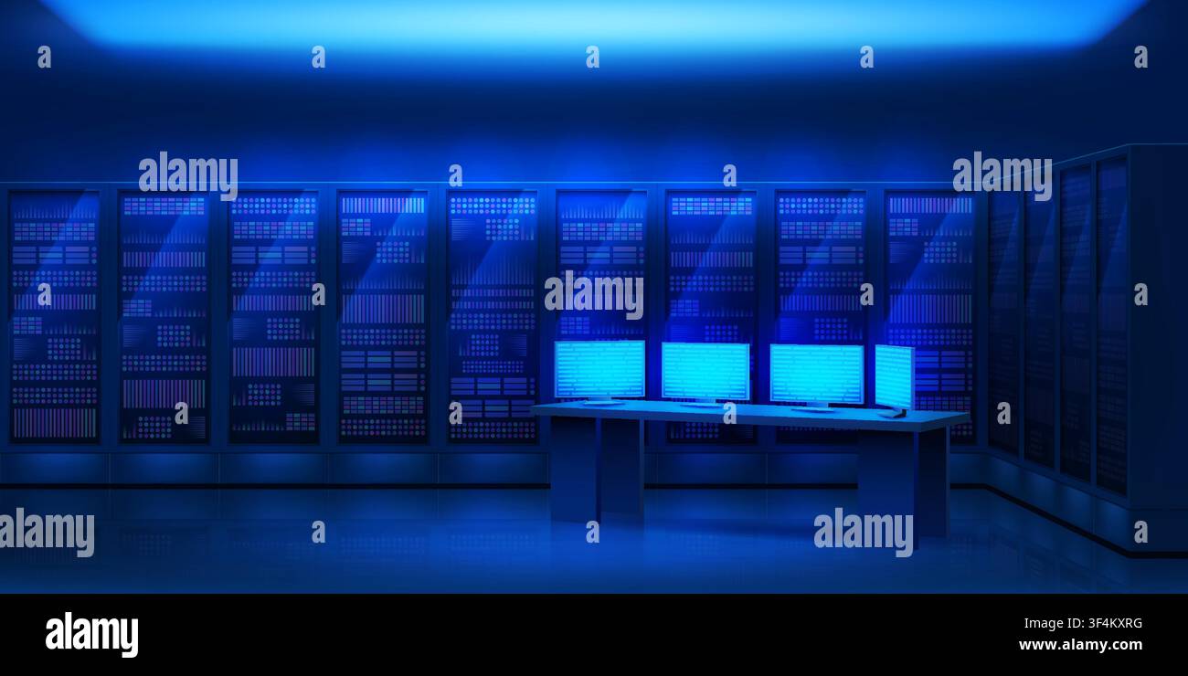 Data center. Ai server room with monitors, supercomputer blockchain control or tech computer datacenter technology. Cyber tech office. Secure network infrastructure. Vector horizontal background Stock Vector