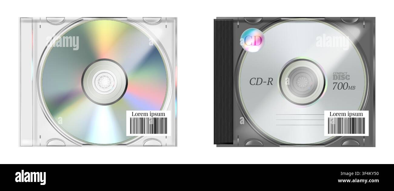 Cd case. Clear disc mockup, blank ep music box with iridescent retro album texture. Compact disc, media storage packaging, realistic plastic boxes product mockup. Vector isolated illustration set Stock Vector