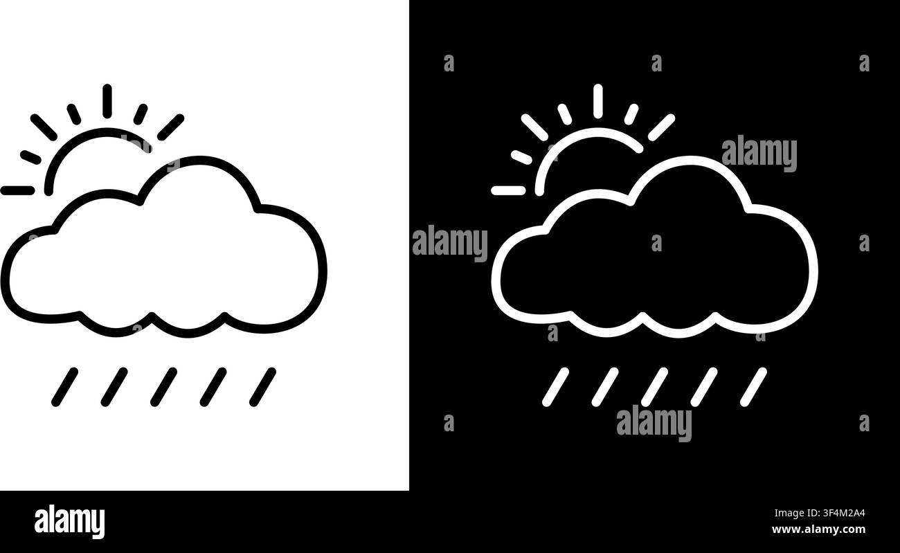 Cloud With Sun And Rain Line Icon Set. Weather Forecast, Partly Cloudy With Showers Outline Symbol Collection. Meteorology And Climate Change Stock Vector