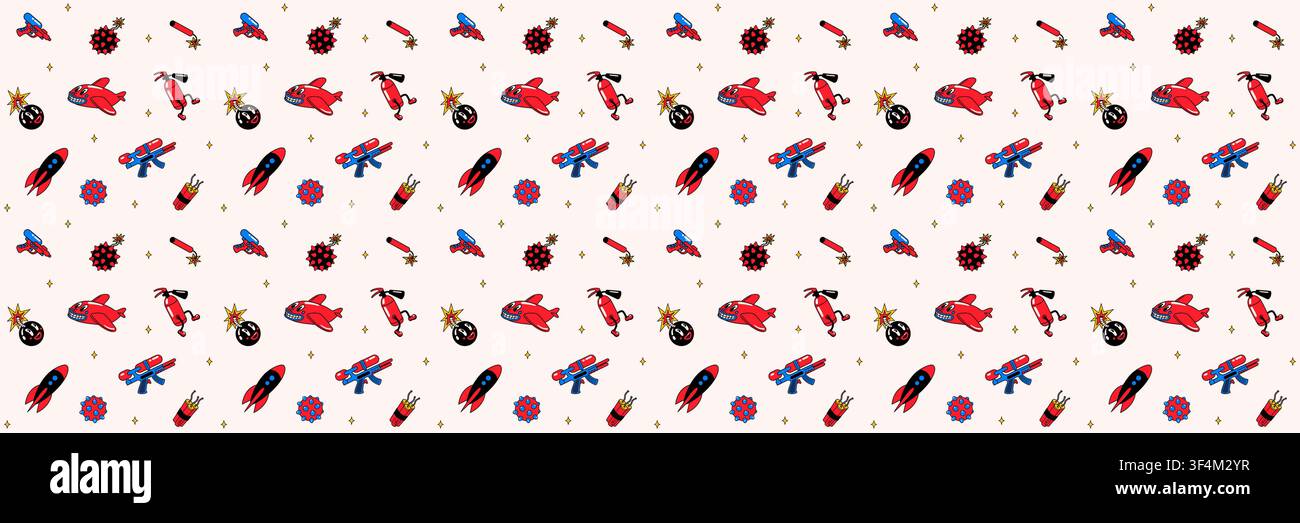 Pattern groovy sticker with planes, rockets and bombs Stock Vector