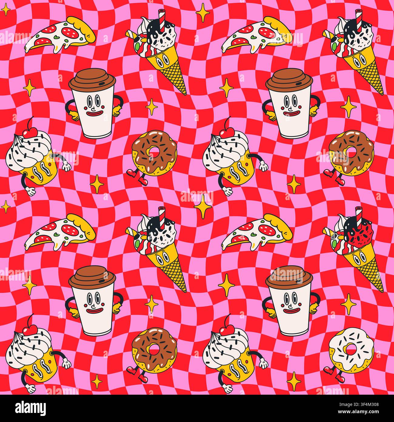 Vector groovy comic with pizza, coffee and donuts Stock Vector