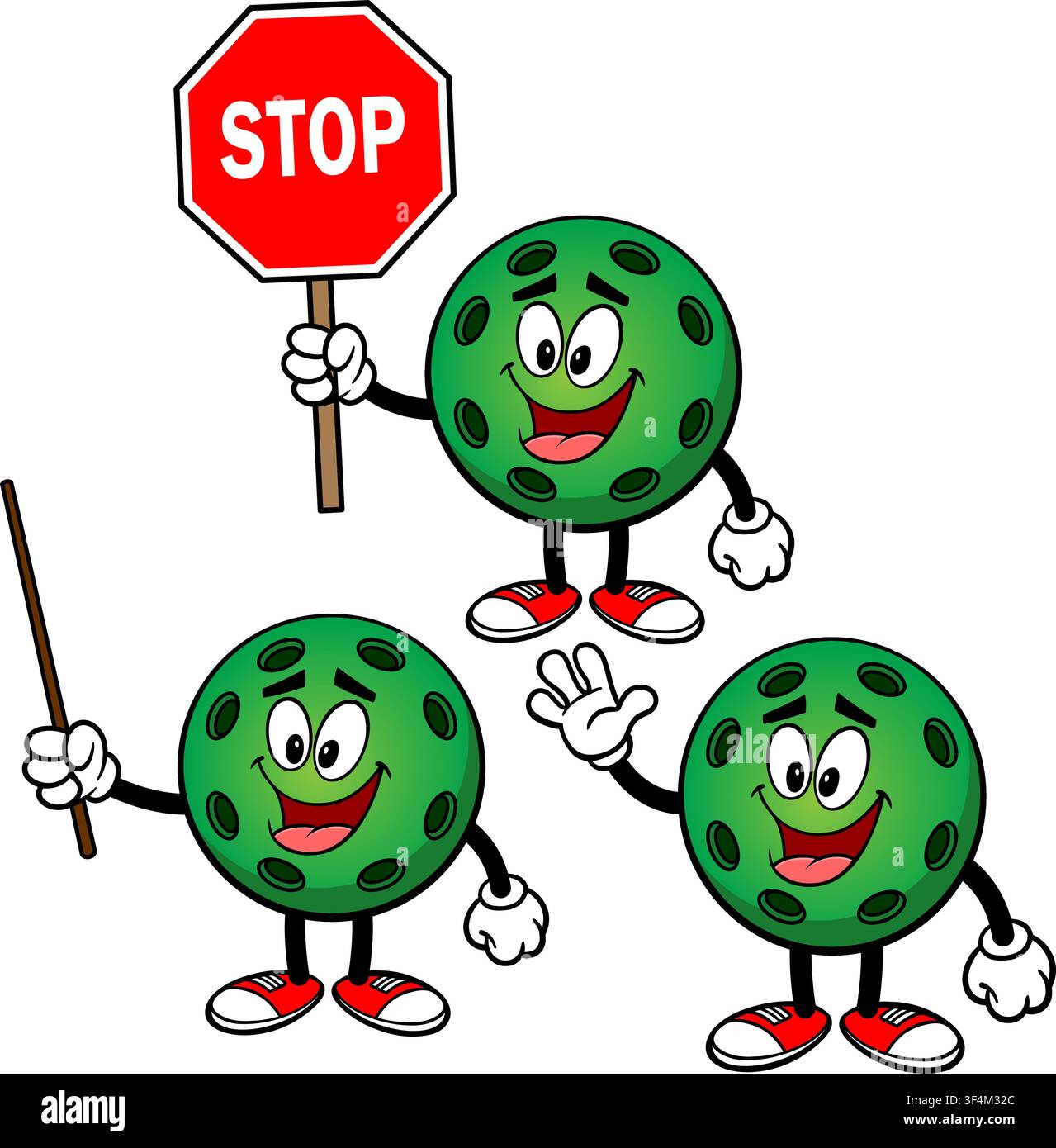 Pickleball Mascot Set, Hand Drawn illustrations of Pickleball Mascots in various poses. Stock Vector
