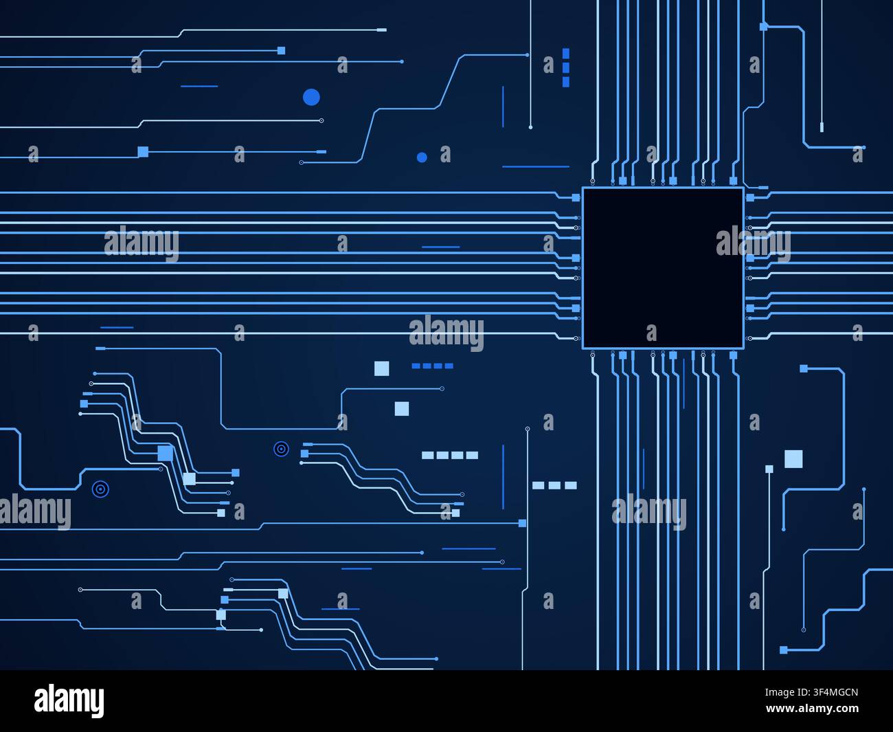 Vector PCB layout background with routed traces, circular vias, parallel buses, and a central processor pad Stock Vector