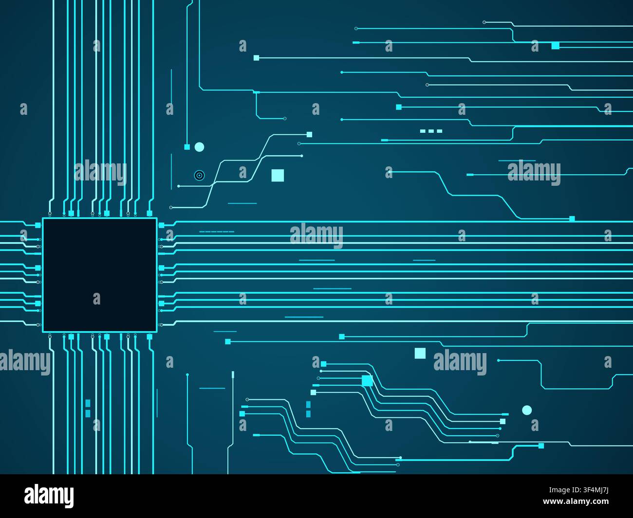 Vector PCB layout background with routed traces, circular vias, parallel buses, and a central processor pad Stock Vector
