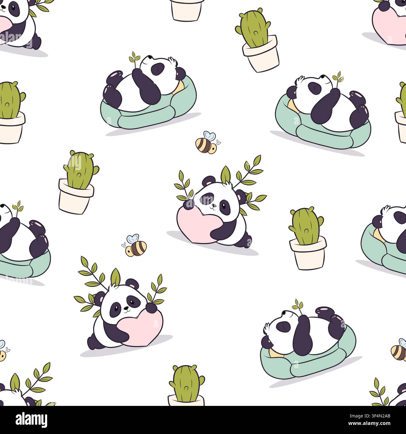 A vector seamless pattern featuring cute pandas Stock Vector