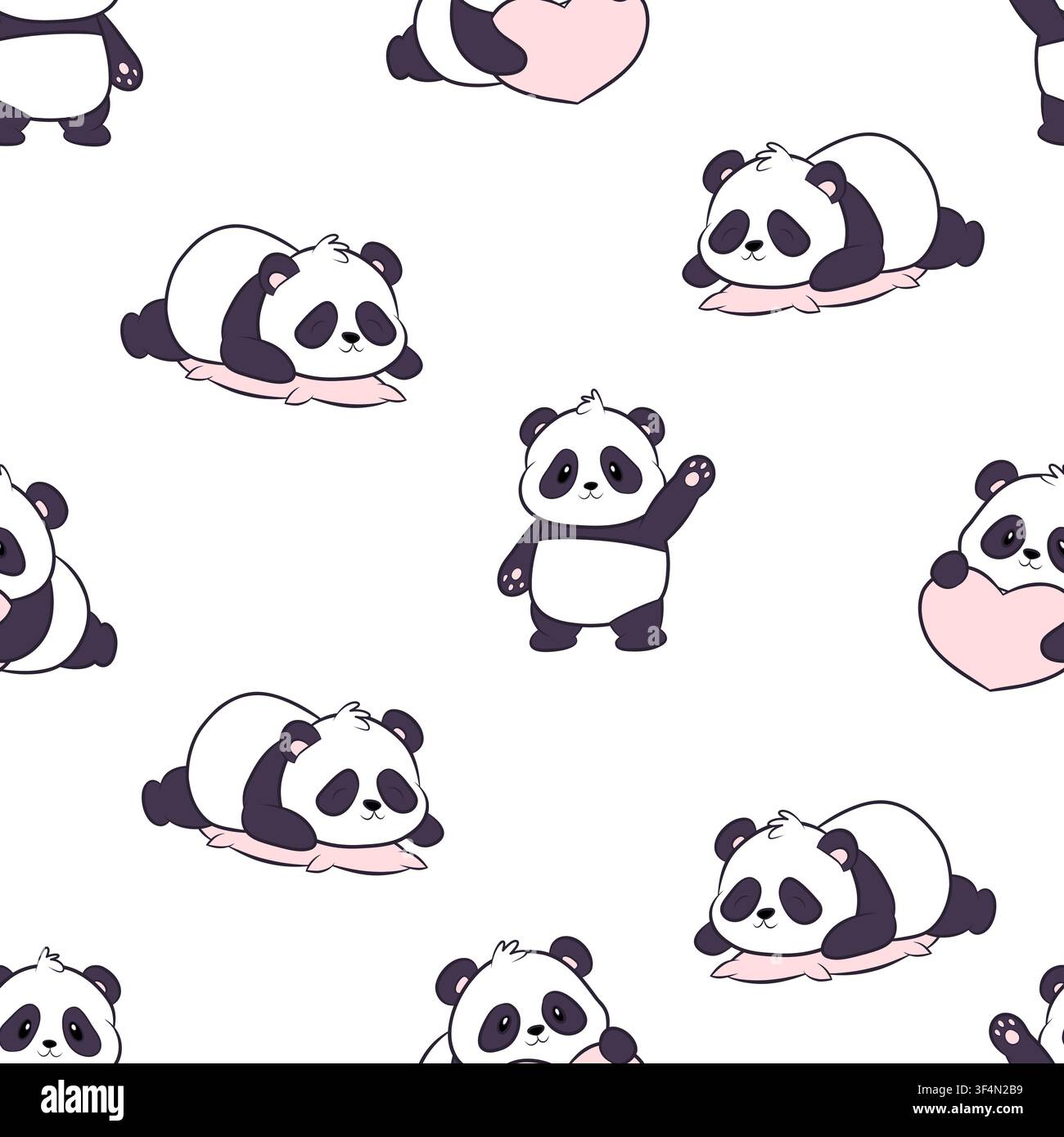 A vector seamless pattern featuring cute pandas in various poses Stock Vector