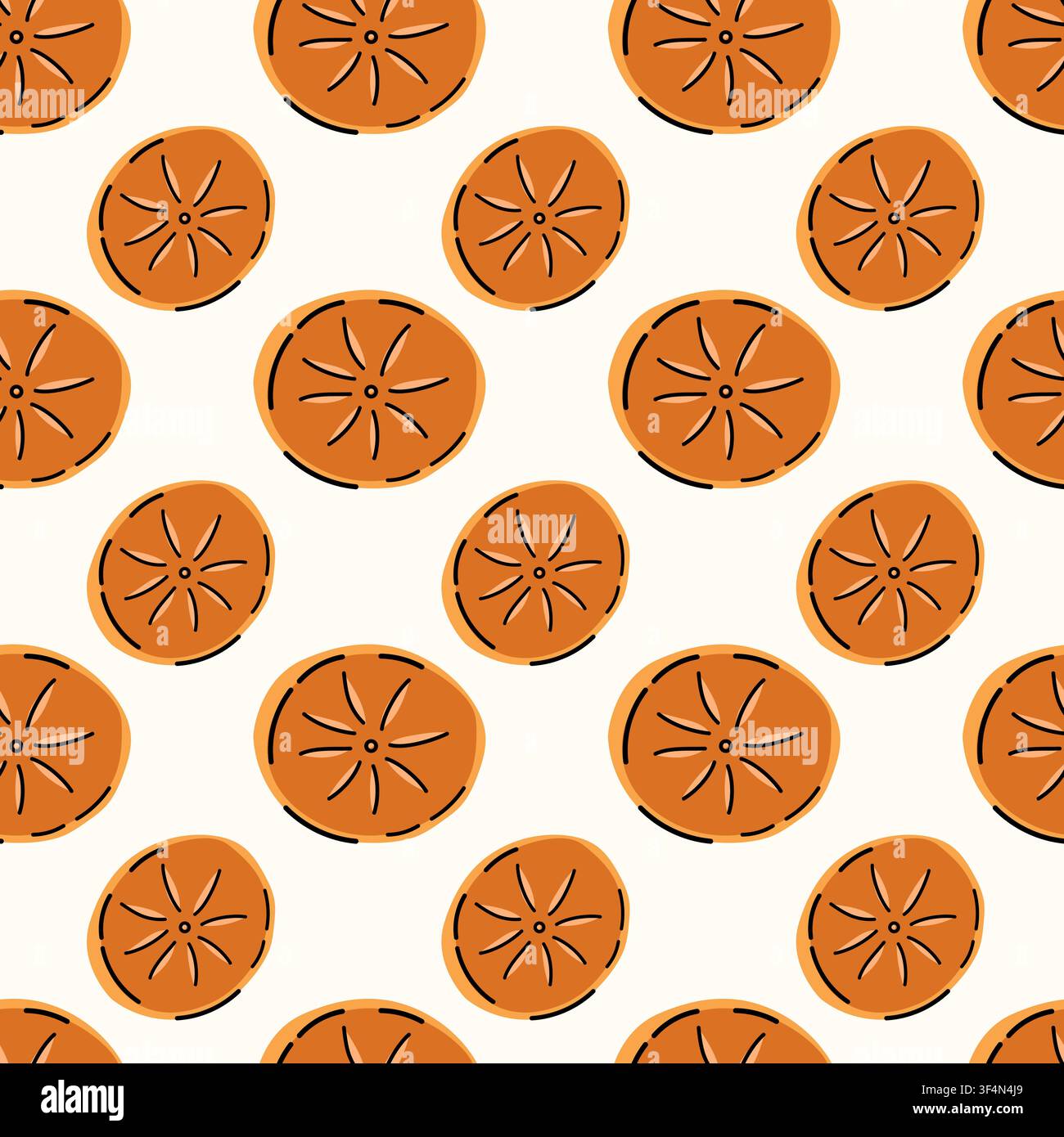 Cute autumn seamless vector pattern featuring round orange persimmon cross section slices with seed star details on clean white background for kitchen Stock Vector