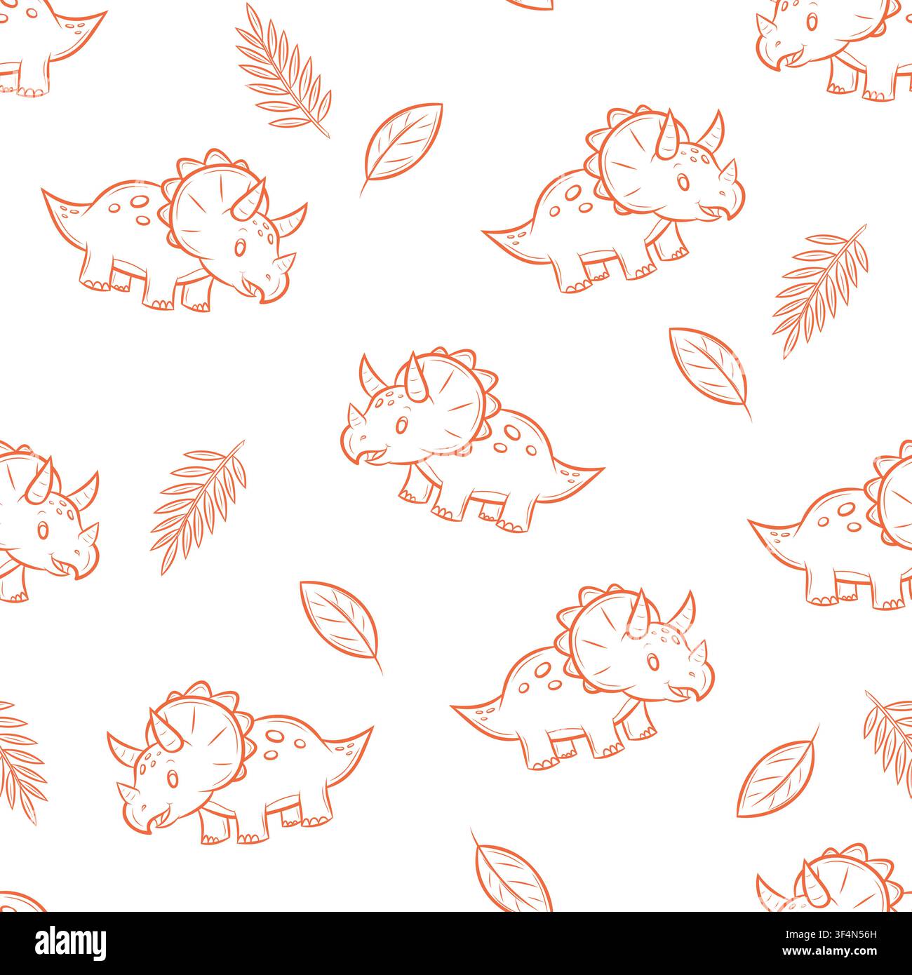 Seamless vector pattern featuring Triceratops dinosaurs and leaves Stock Vector