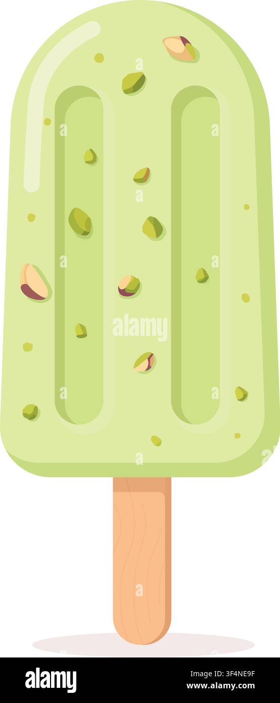 A refreshing green lime or pistachio popsicle ice cream vector illustration isolated on a white background. This summer frozen dessert features small Stock Vector