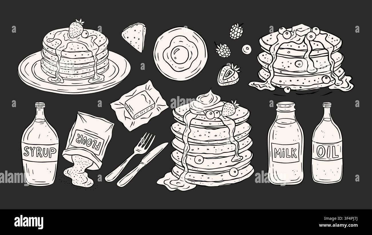 Pancake Breakfast Vector Set In Sketch Retro Style Cartoon Food Illustration Stock Vector