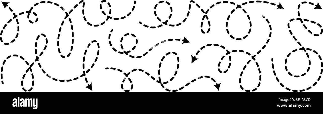 Dashed arrow squiggly vector line set. Curved shape doodle brush element. Complex plan, map path pattern. 3d up down direction scribble dynamic curly Stock Vector