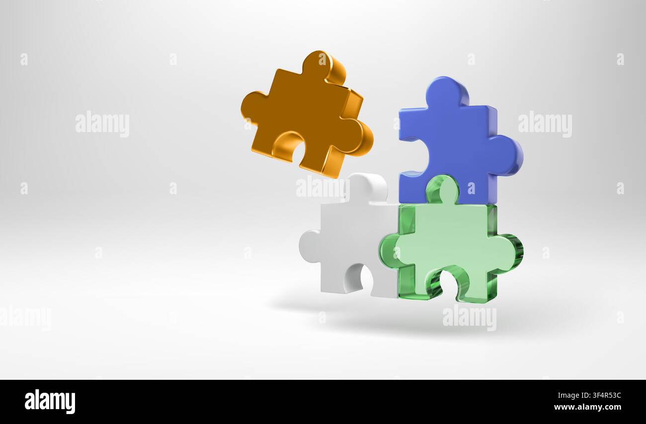 Puzzle 3d pieces assembling, jigsaw solution vector om white bg. Team building concept, abstract challenge game of complex problem solving. Connect pa Stock Vector