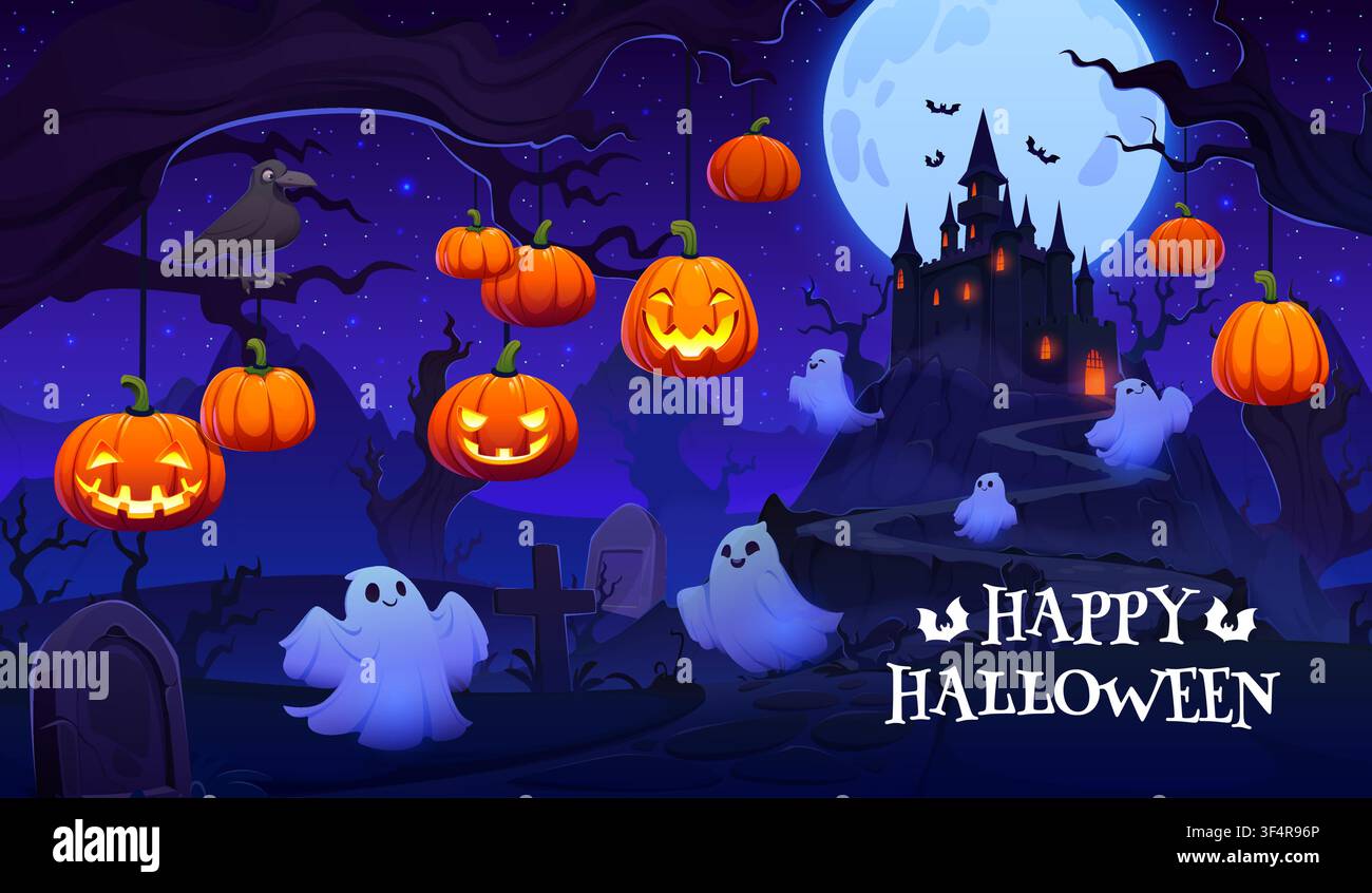 Happy Halloween greeting card with scared ghosts Stock Vector