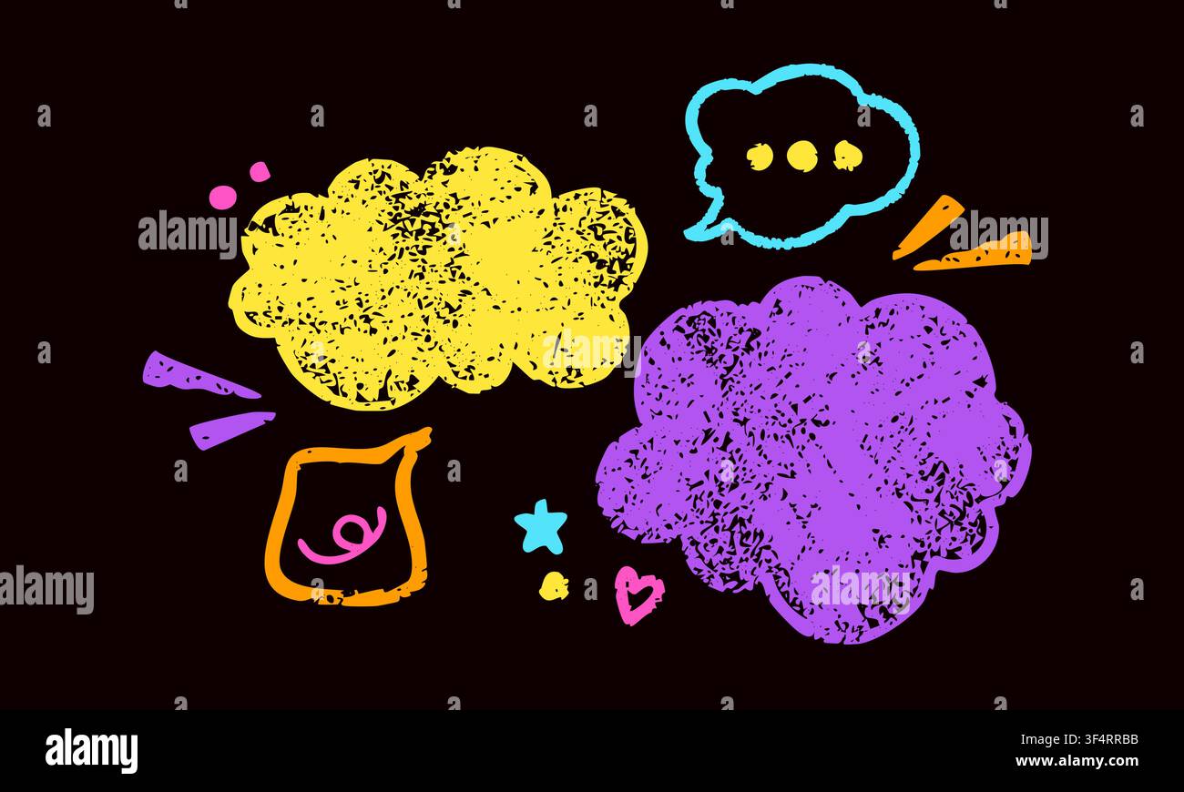 Yellow and purple crayon irregular text clouds. Stock Vector