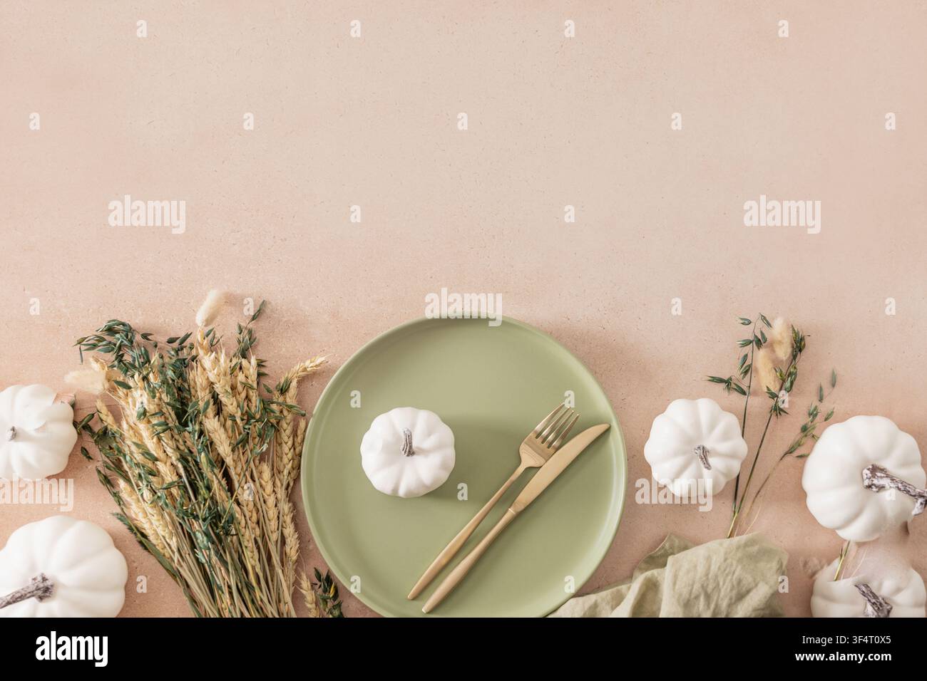 Autumn table setting with white pumpkin on ceramic plate Stock Photo