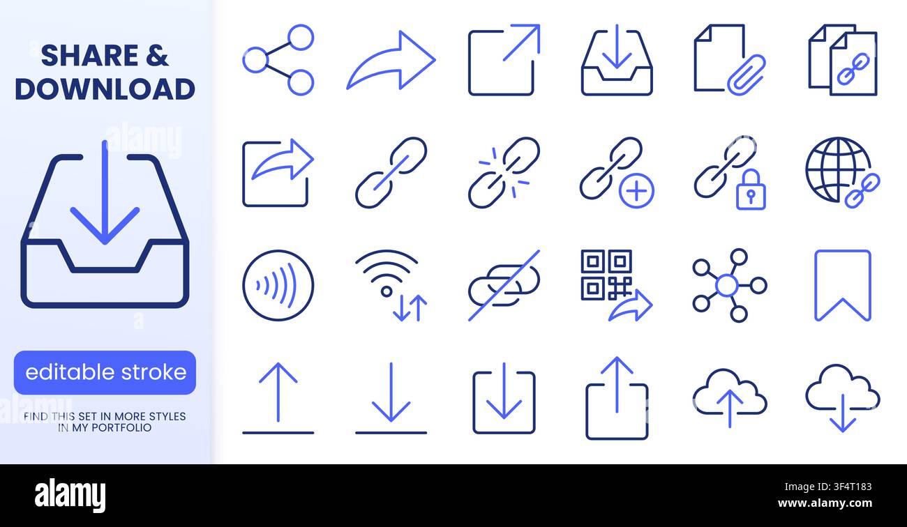 Link share line icons set. Hyperlinks, download, upload, cloud storage, QR code, secure attachment flat minimal vector illustrations. Simple outline Stock Vector
