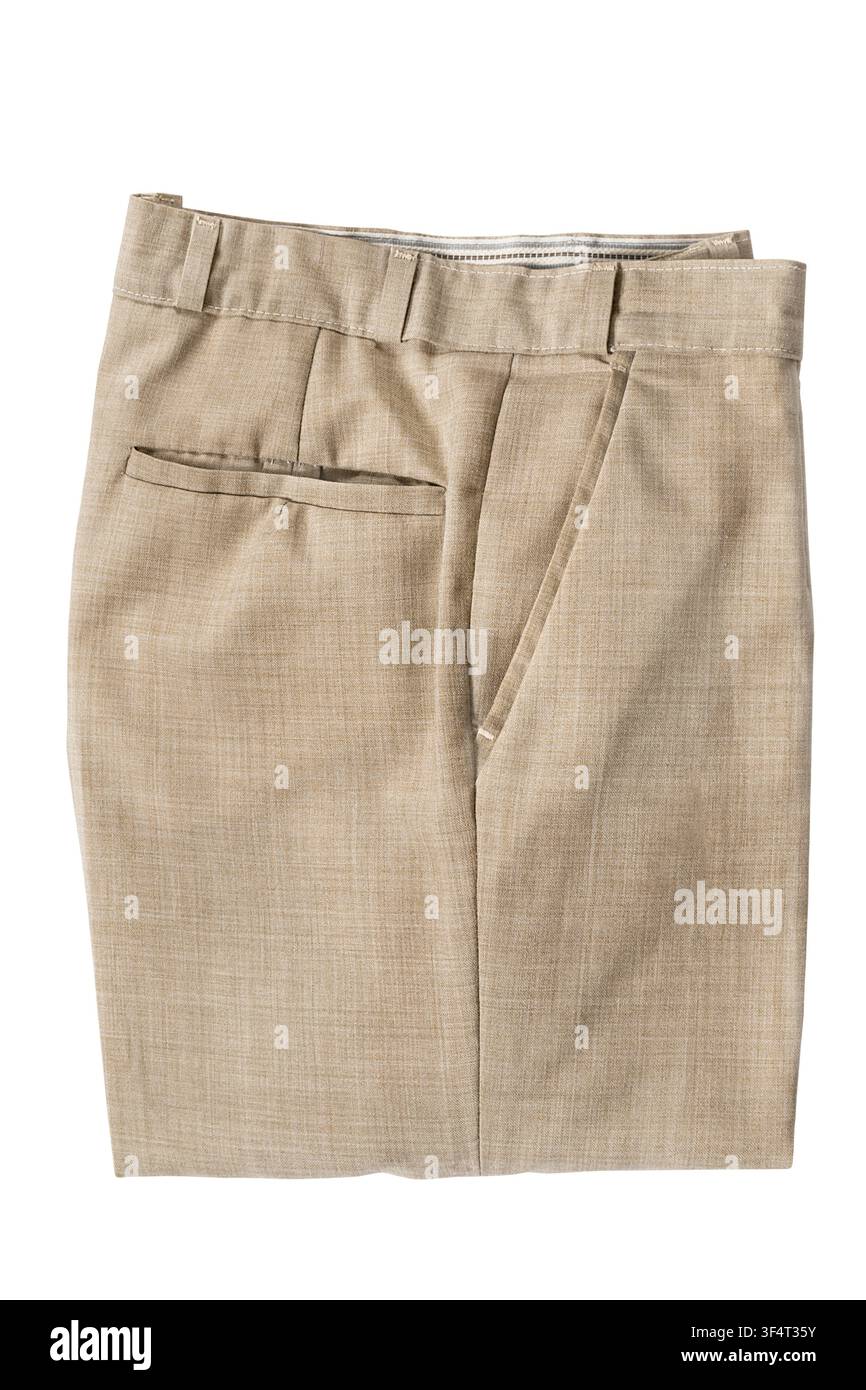 Beige linen folded pants isolated on white background Stock Photo