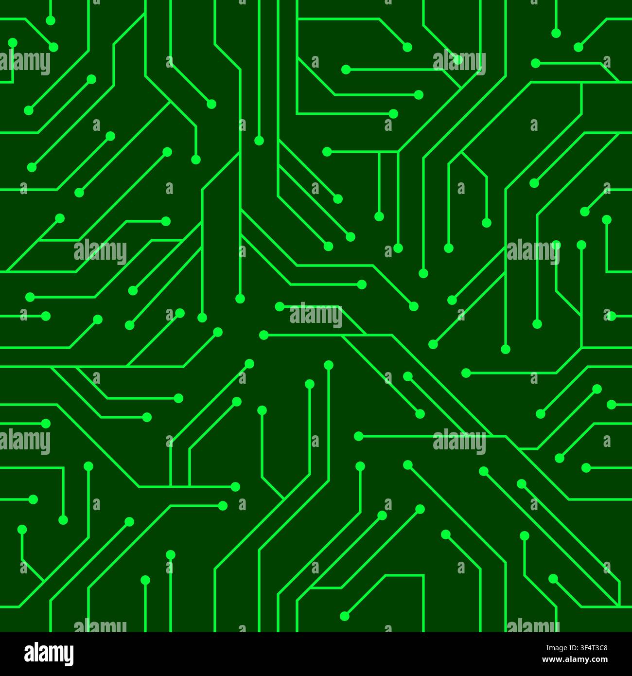 Seamless dark circuit board pattern with glowing green lines Vector Illustration Stock Vector