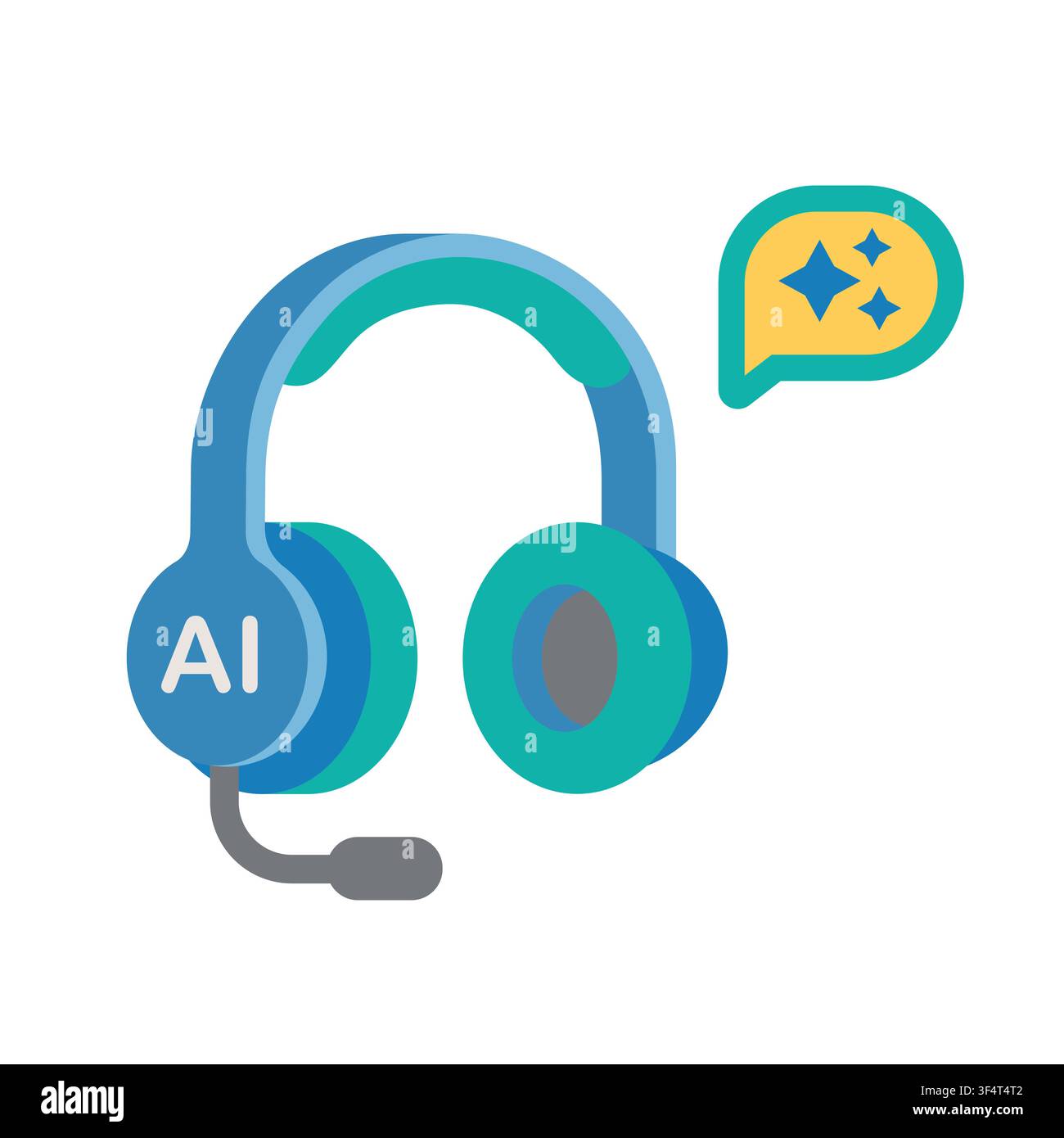 Flat vector illustration of a blue and teal AI-powered headset with microphone and a speech bubble with sparkles, representing artificial intelligence Stock Vector