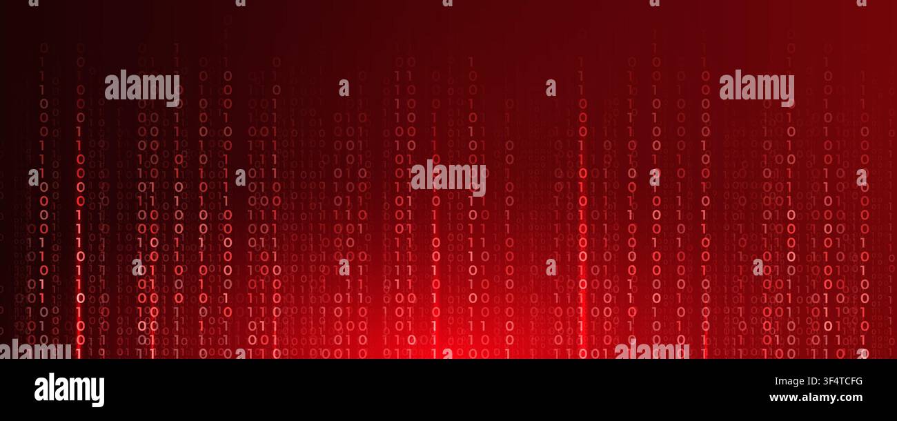 Red Binary Code Data Stream Background With Glowing Digital Numbers, Cybersecurity, Programming, Technology And Copy Space Vector Illustration. Stock Vector