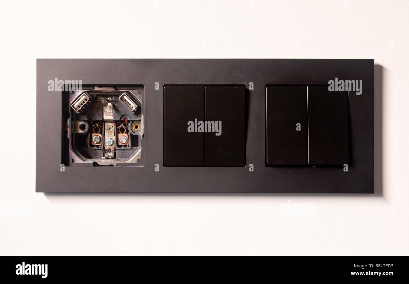Black double electrical socket and switch frame mounted cleanly on a white wall. The modern black panel shows a double outlet and switch combination. Stock Photo