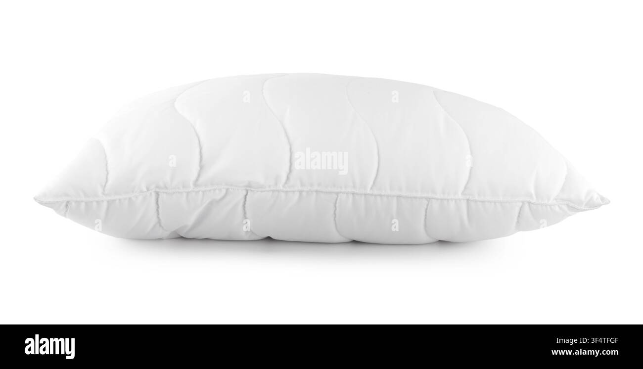 Soft white quilted pillow for comfortable sleep and bedroom bedding. Cozy cushion isolated on a white background. High quality photo Stock Photo