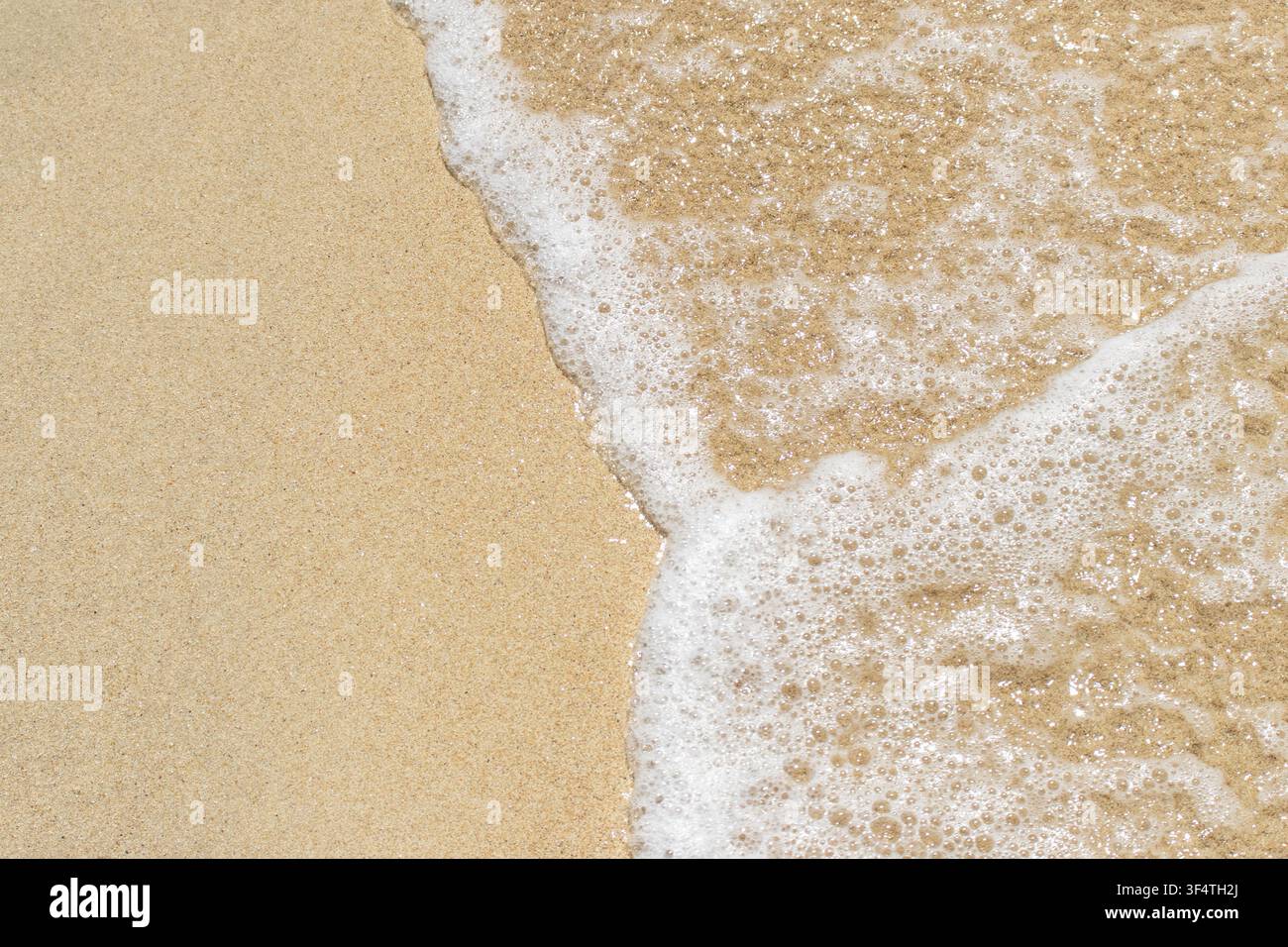 Soft ocean wave foam gently washing over fine golden sand on a tropical beach, high angle top-down view showing natural coastal texture and copy space Stock Photo