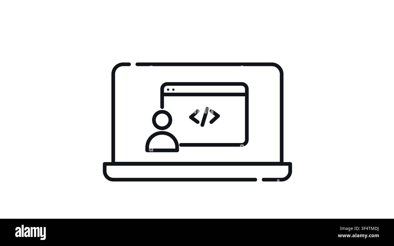 Laptop with user profile and web code symbol on screen vector icon. Black line art style on white background. Mobile software development, remote prog Stock Vector