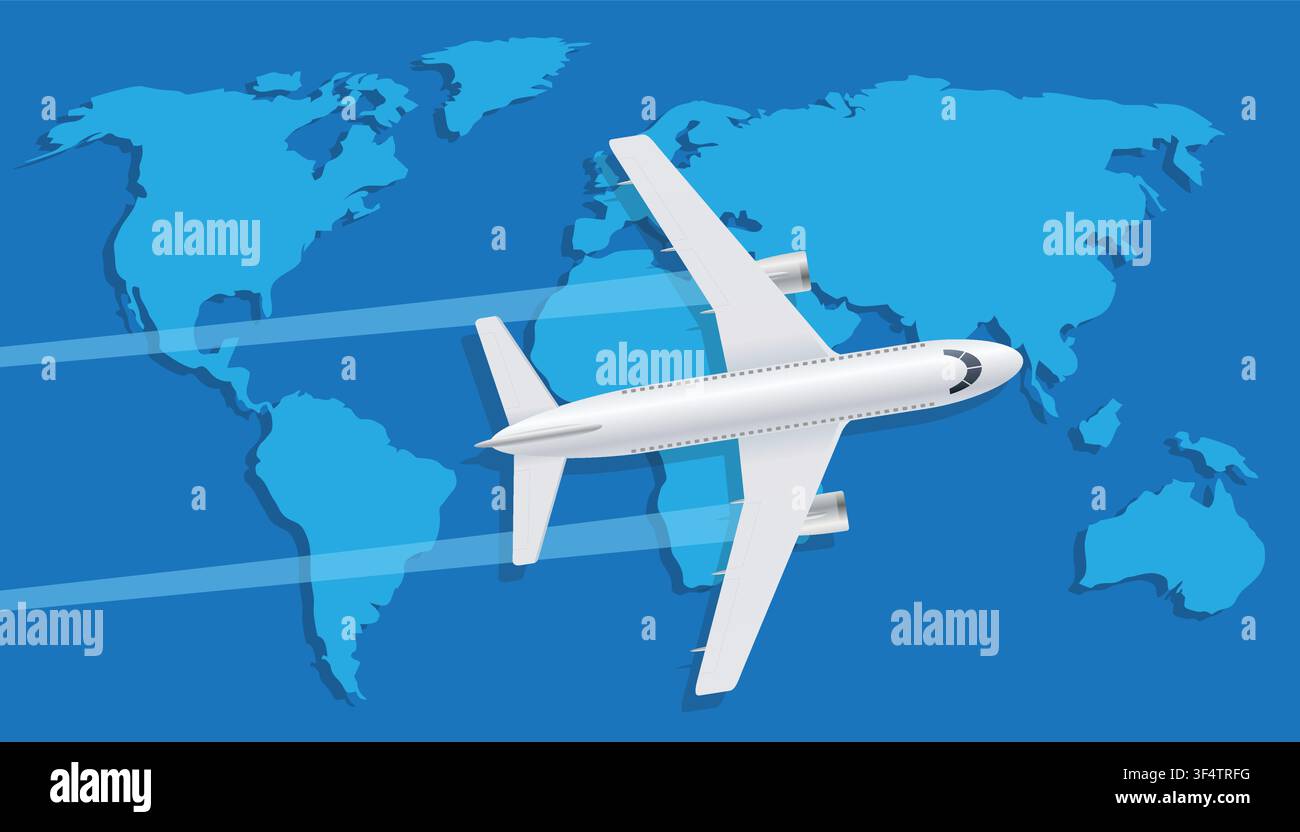 White plane over blue world map, creative illustration Stock Vector