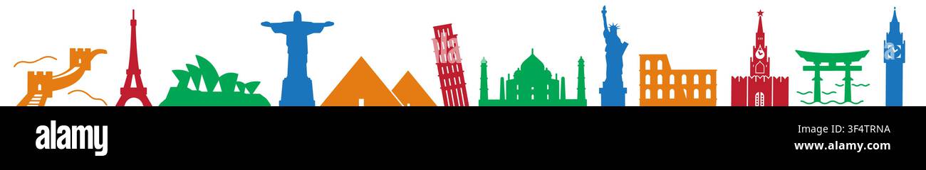 Panoramic vector collage for world famous sighseeings Stock Vector