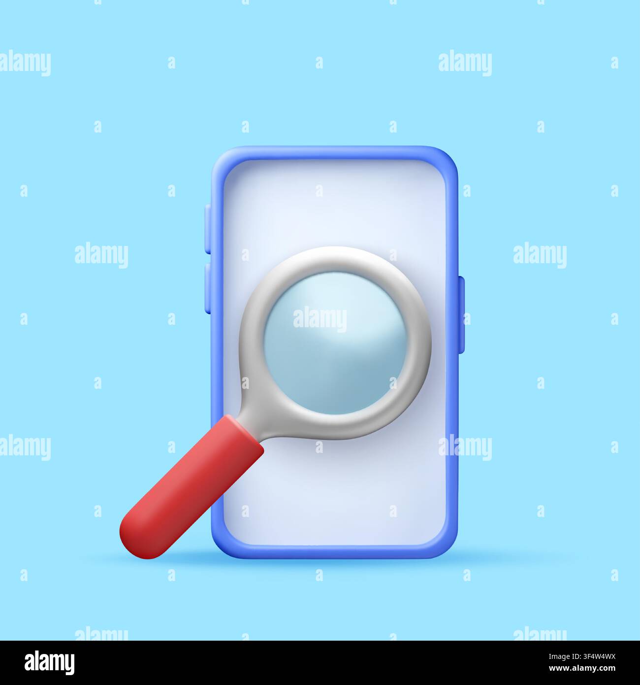 Magnifying glass over mobile phone screen as 3d Stock Vector