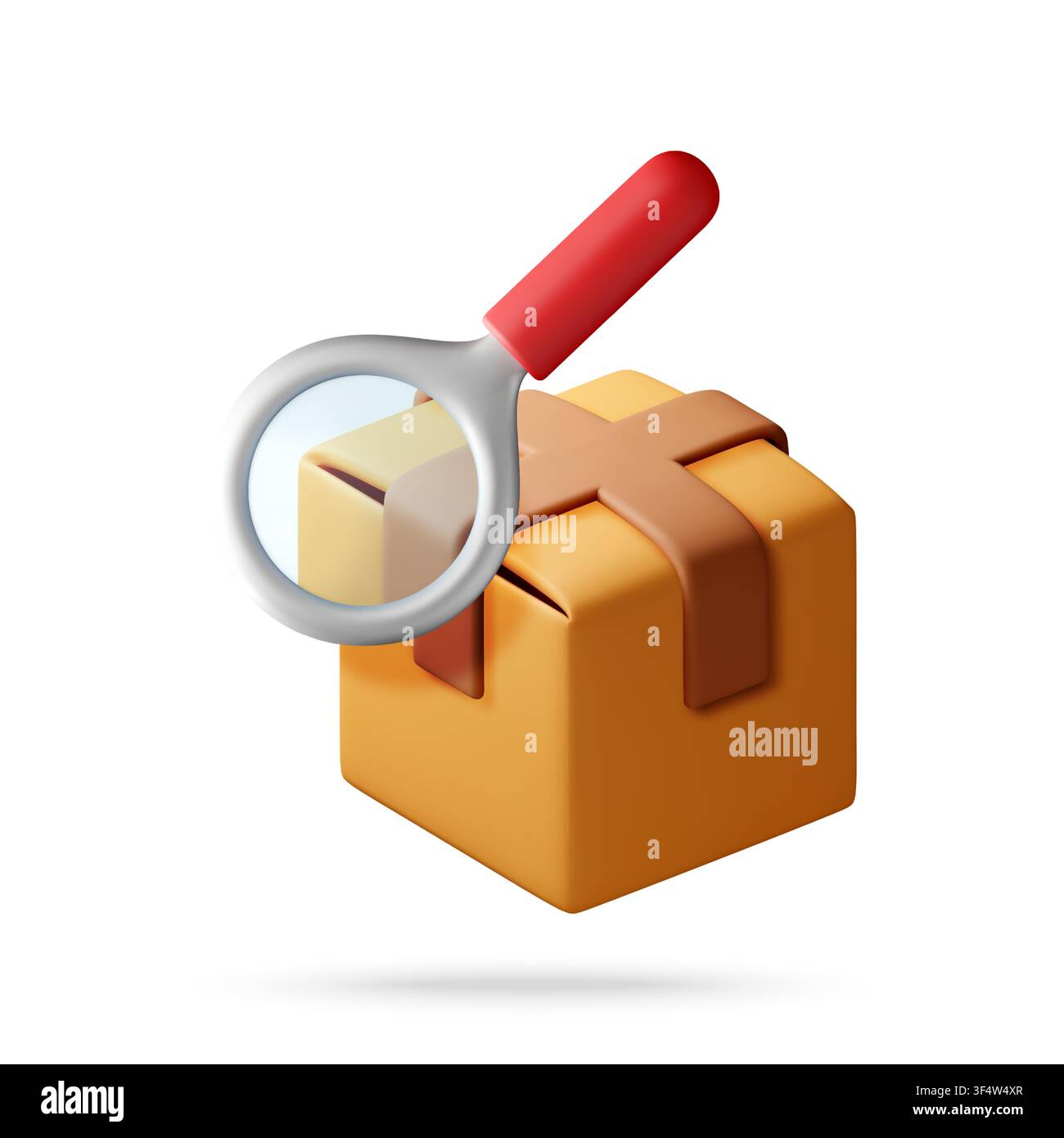 3D Magnifying glass over cardboard box. Stock Vector