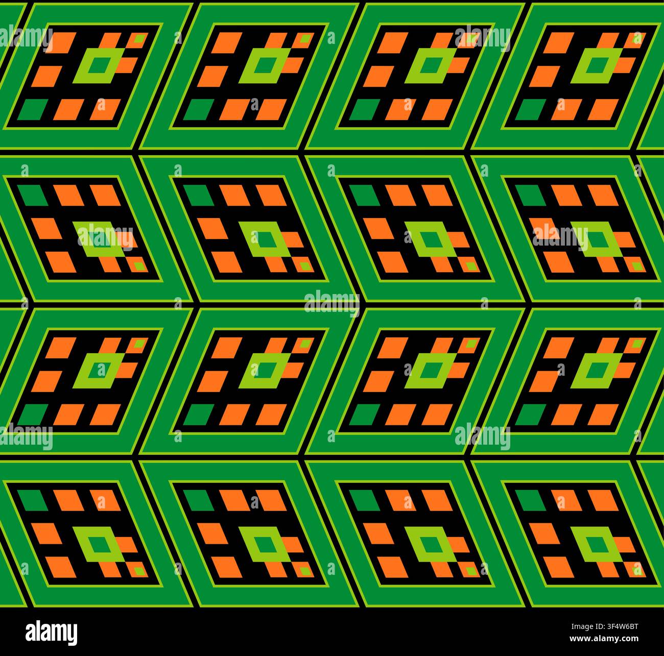 Geometrical seamless pattern from rhombuses. Dark bright background. Green orange motifs on black Stock Vector