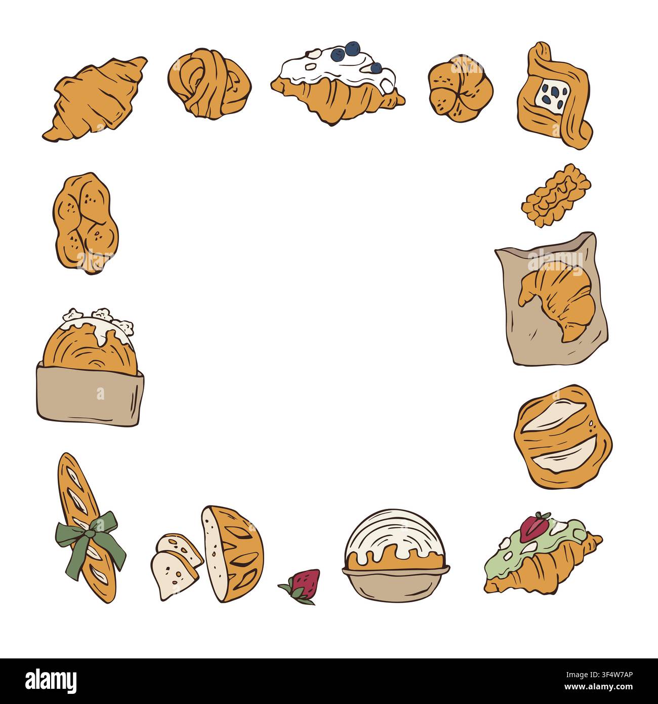 Hand drawn bakery products square frame vector doodle illustration Stock Vector