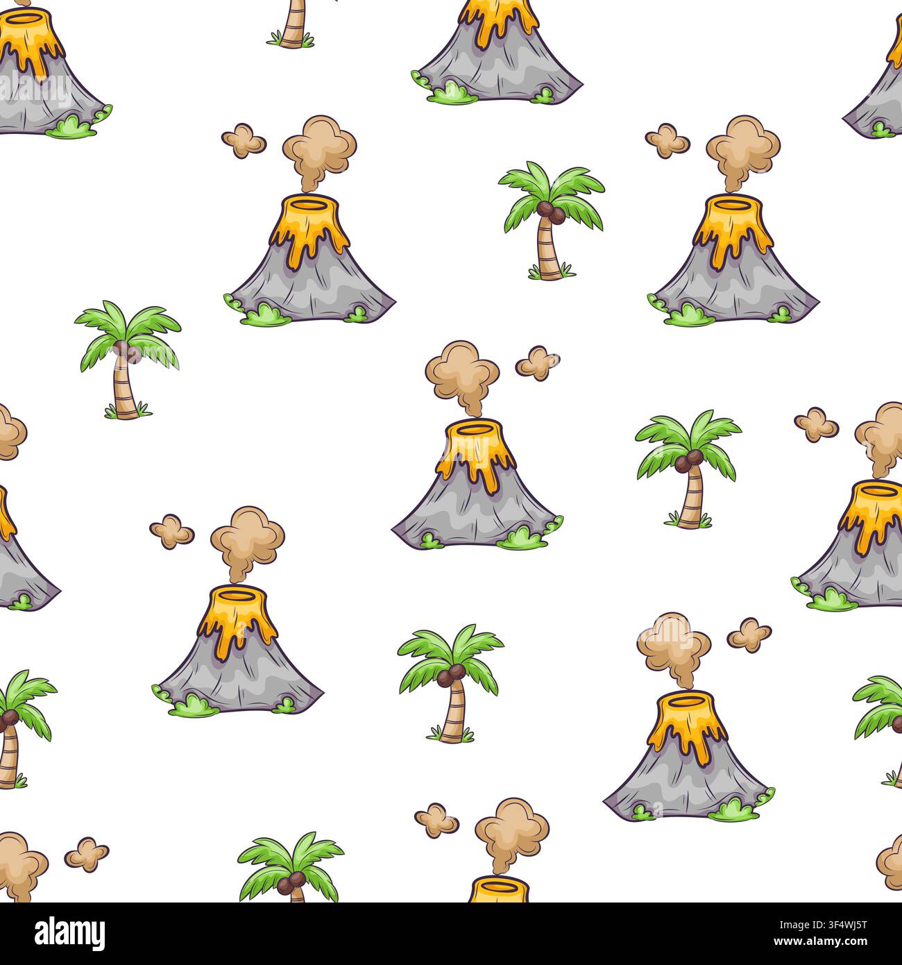A vector seamless pattern featuring volcanoes and palm trees Stock Vector