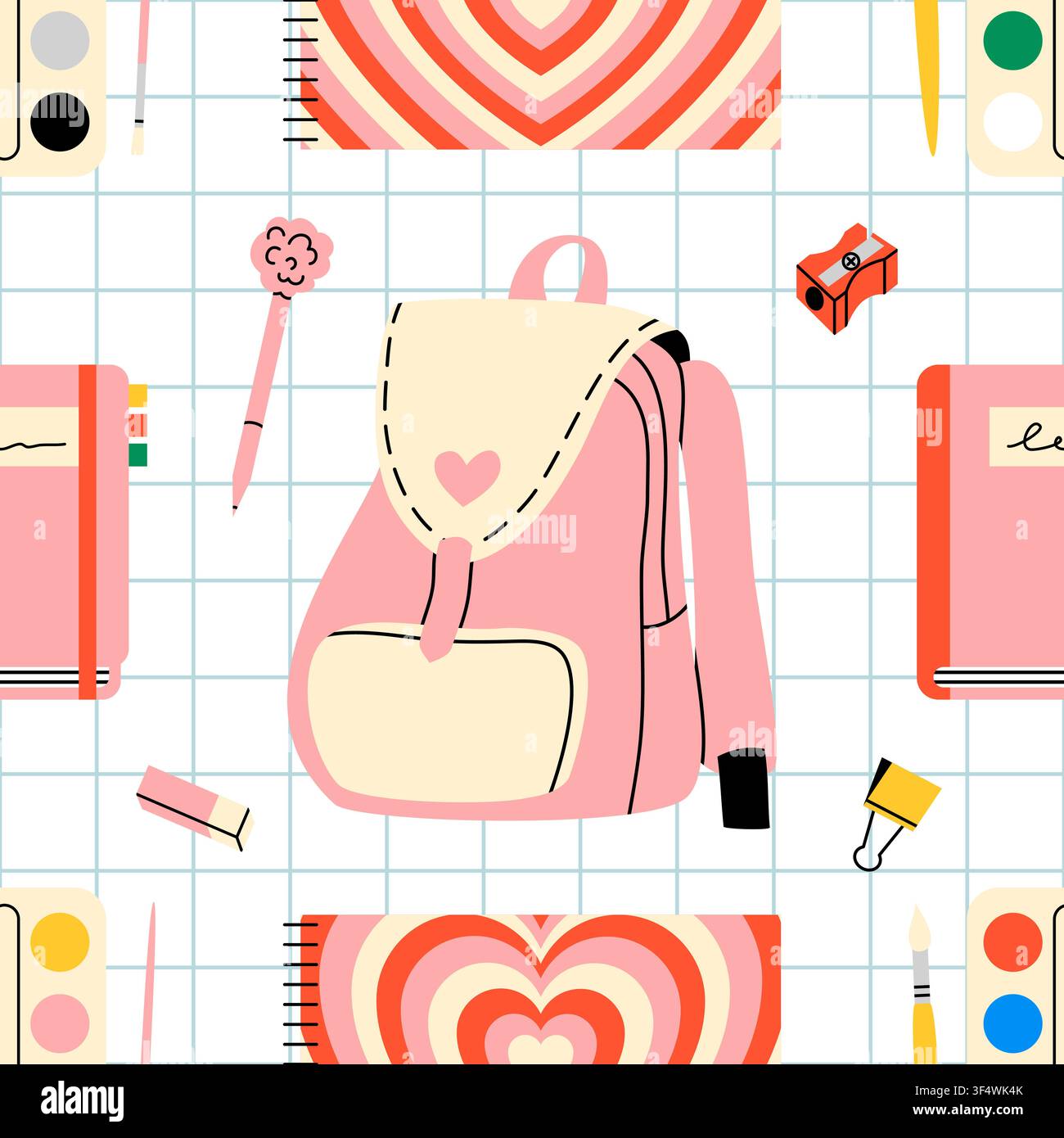 Cute Pink School Backpack Seamless Pattern Stock Vector