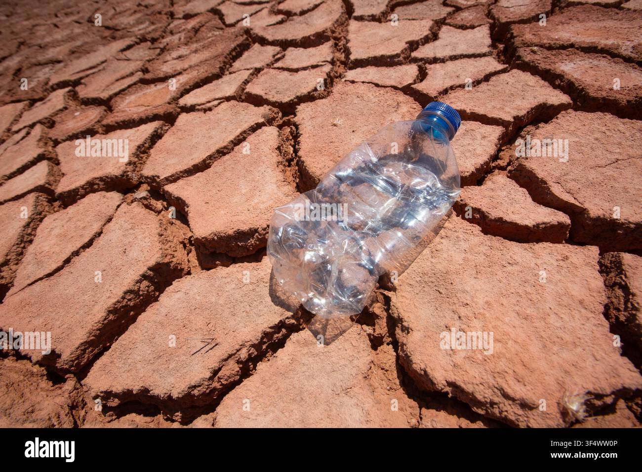 Discarded plastic water bottle on dry cracked earth ground concept of climate change and pollution Stock Photo