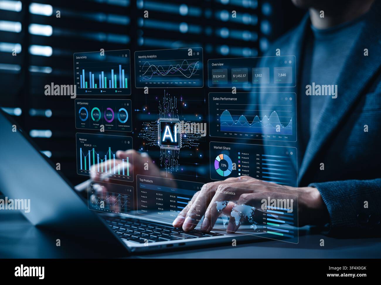 AI data analytics and business intelligence dashboard helps analyze revenue, sales performance, market share, customer growth, and global statistics Stock Photo
