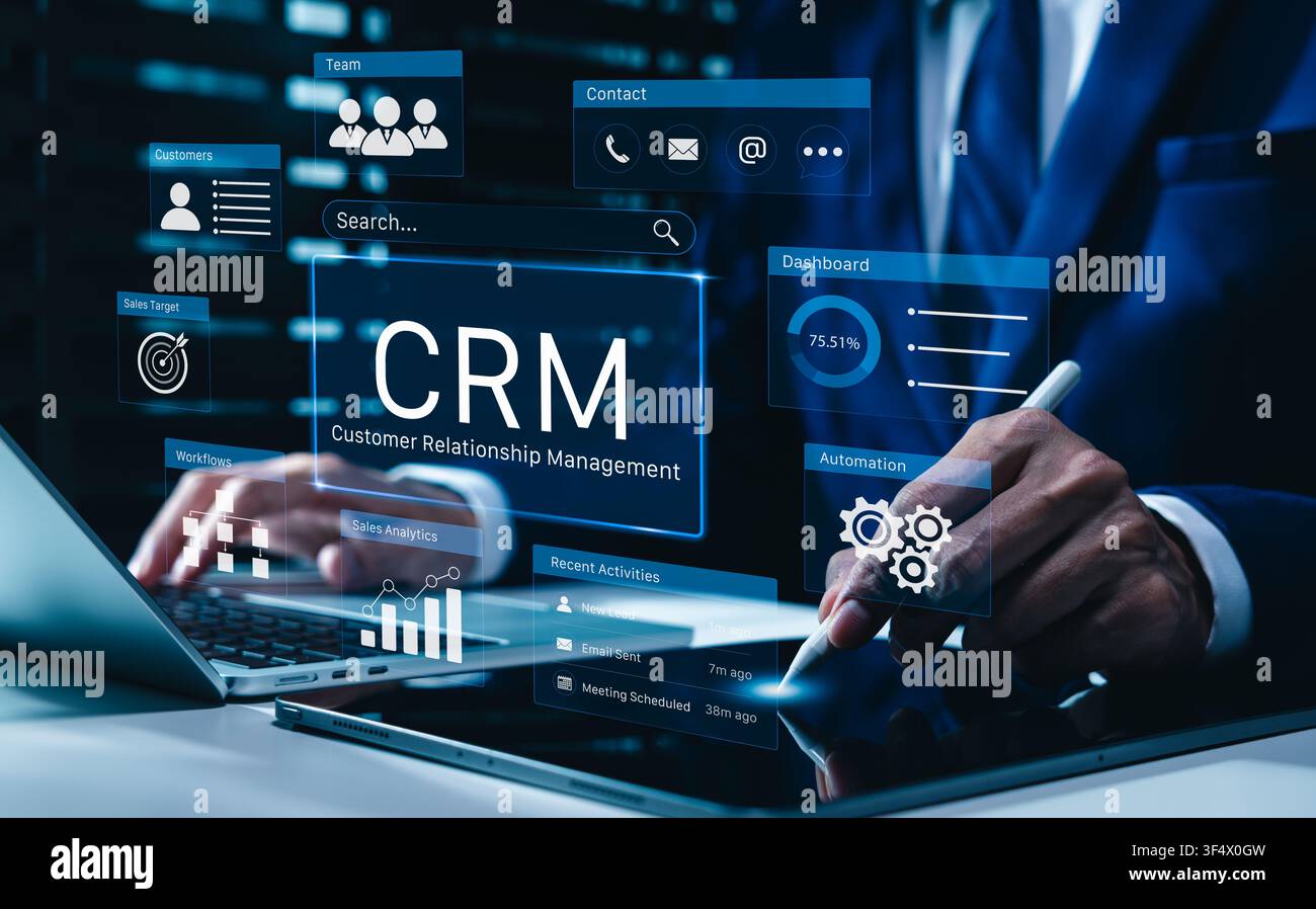CRM customer relationship management system technology. Businessman using CRM software, customer database dashboard, sales analytics, automation work Stock Photo