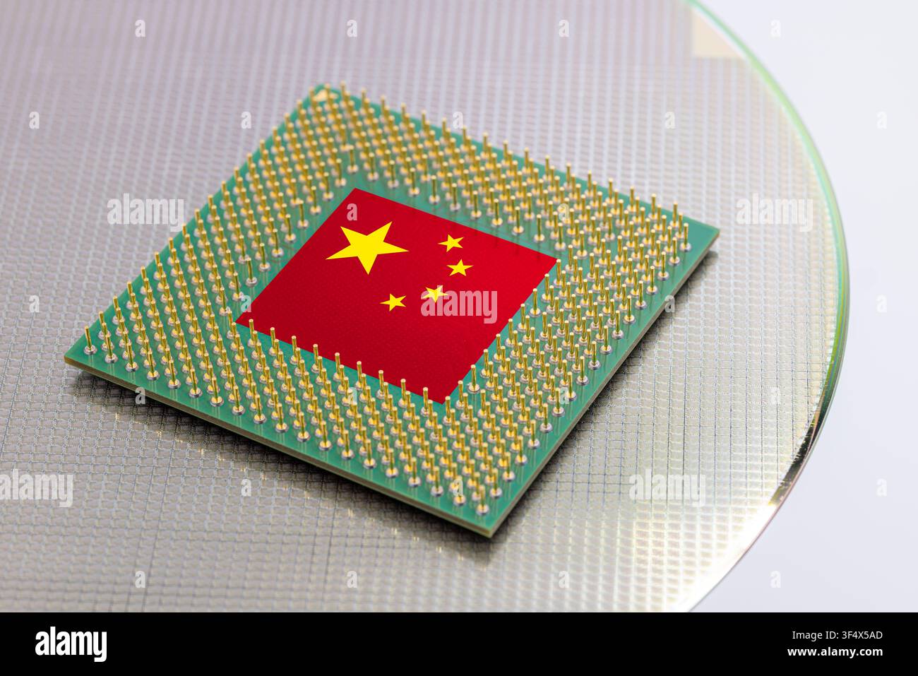 China flag on Computer Chip for Chip War Concept. Global chipmakers CPU Central processing Unit Microchip on Motherboard Republic of China world large Stock Photo