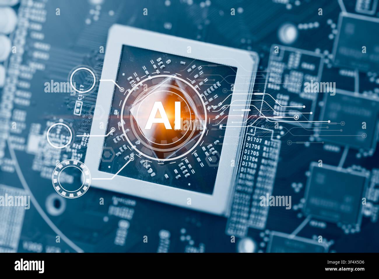 Ai Chips, AI microprocessor, NPU chips, Artificial intelligent memory computer processor on circuit board. Stock Photo