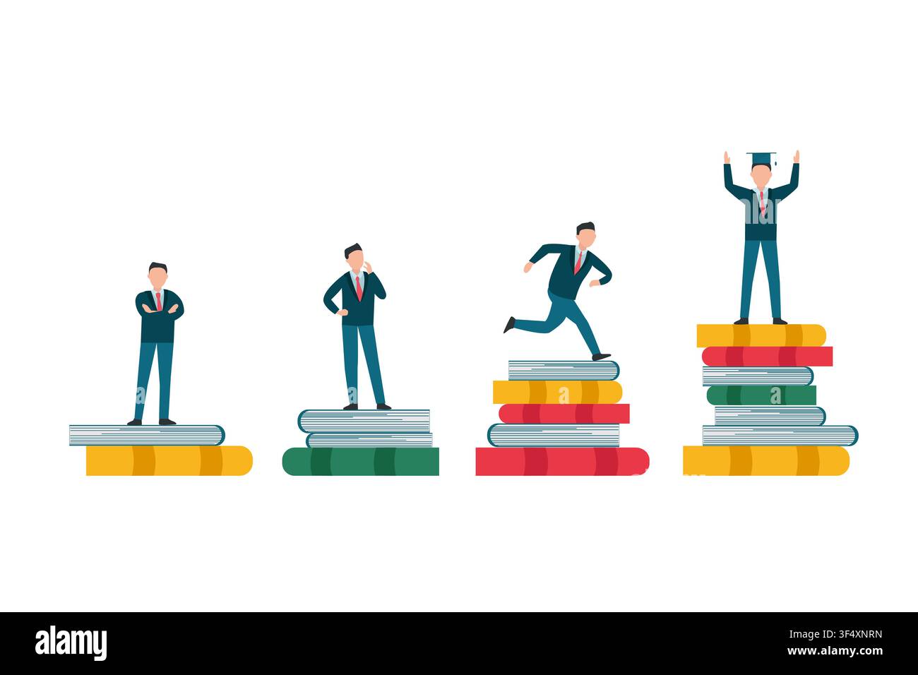 People Standing On Book Stacks Steps Increasing Knowledge, White Background Stock Vector