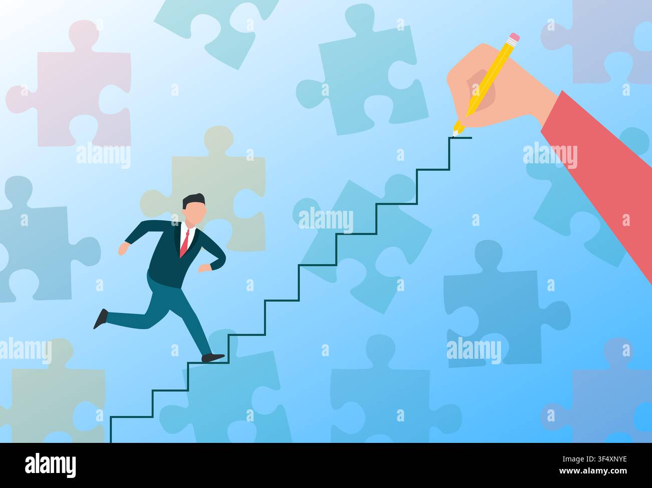 Man Running Upstairs While Hand Drawing New Steps, Blue Background Stock Vector